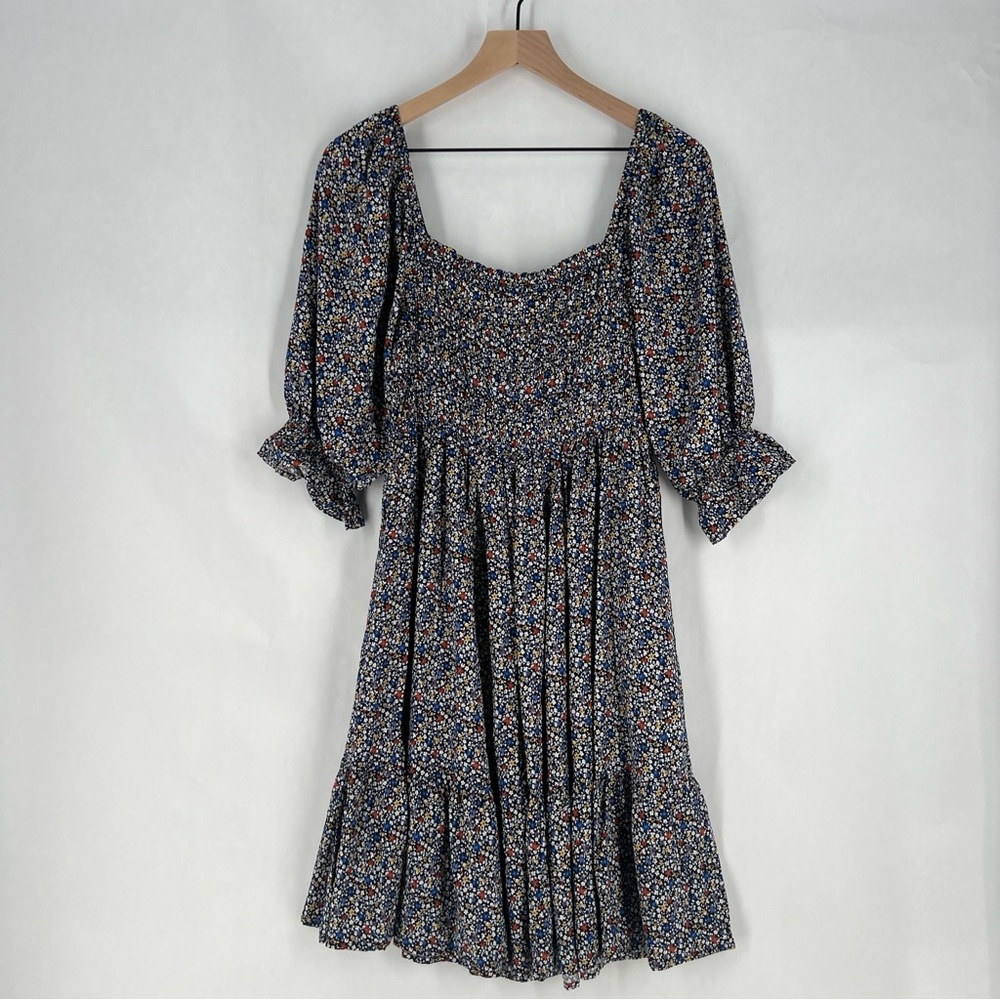 Elloh Multicolor‎ Ditsy Floral Smocked 3/4 Puff Sleeve Tiered Midi Dress Prairie